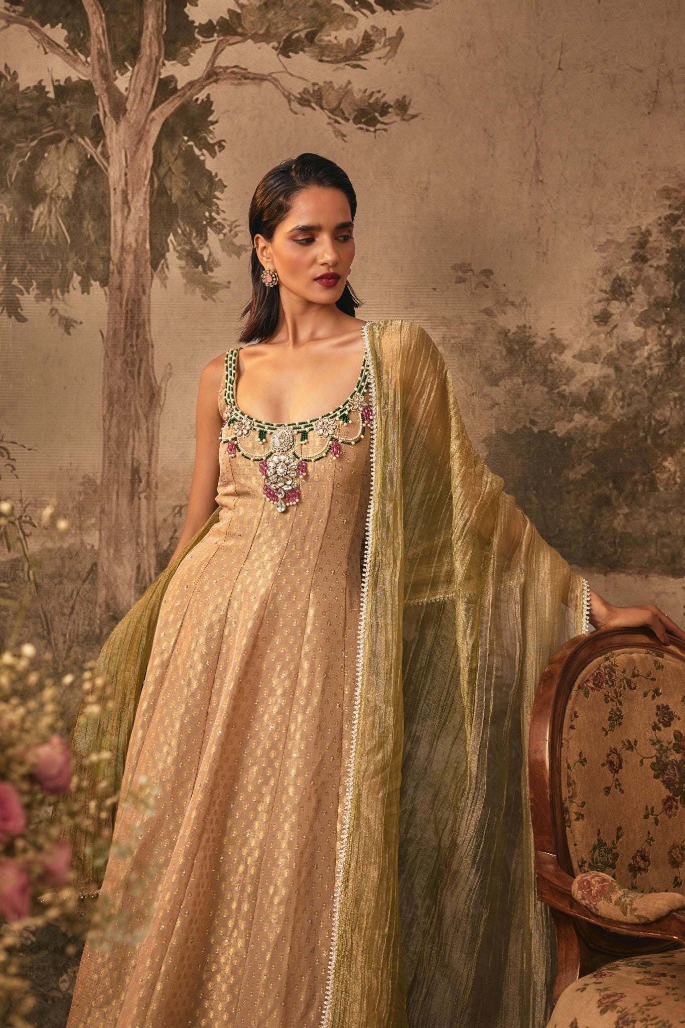 Muted Nude Gold Embellished Anarkali Set