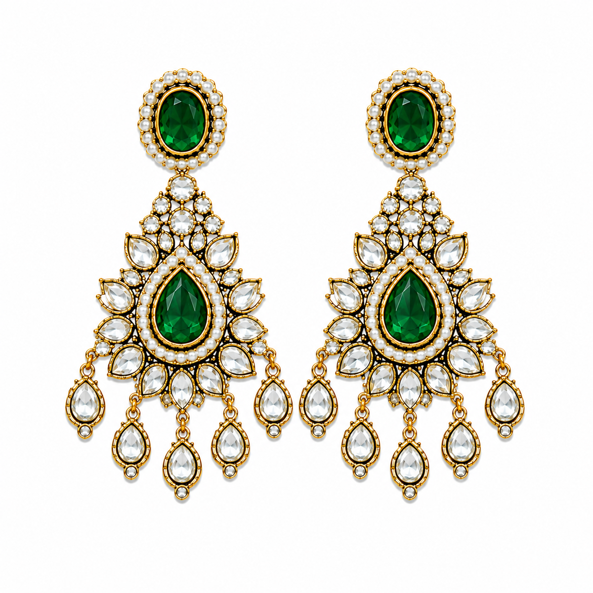 Emerald Green Bridal Polki Necklace Set with Maang Tikka & Statement Earring