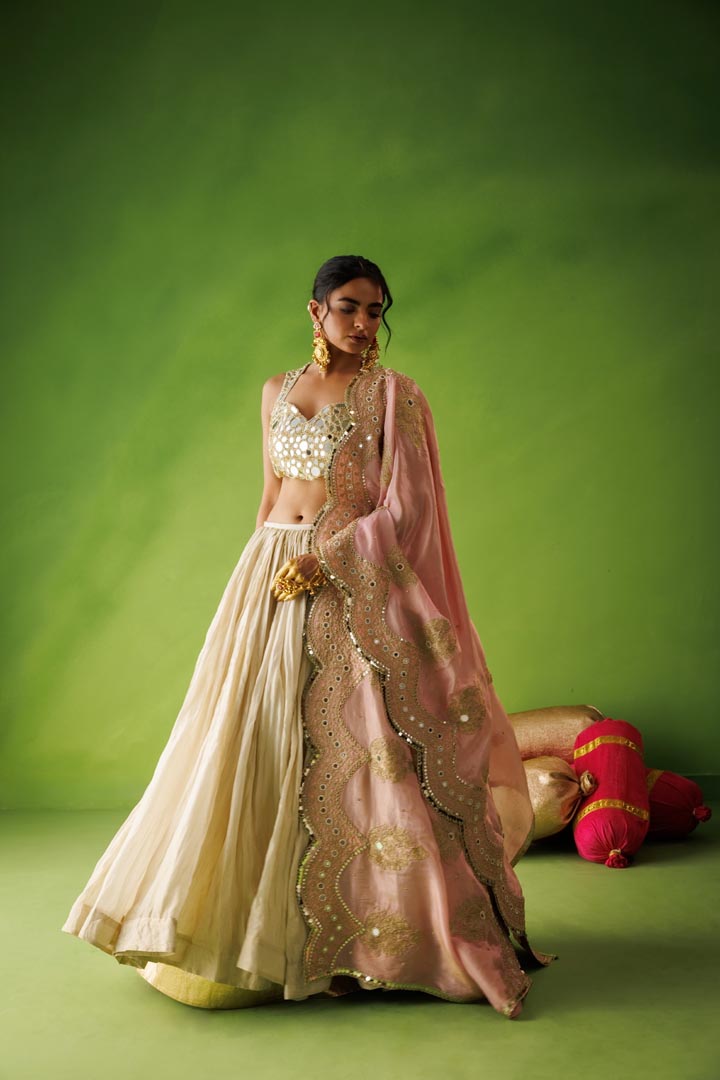 Beige tissue crushed lehenga set with pink dupatta