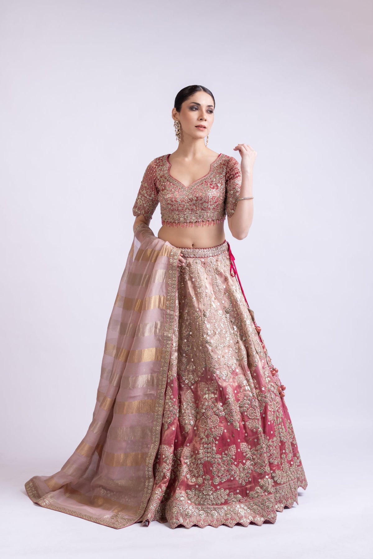 Rani Pink Luxe Tissue Silk Embroidered Lehenga Set with Dupatta