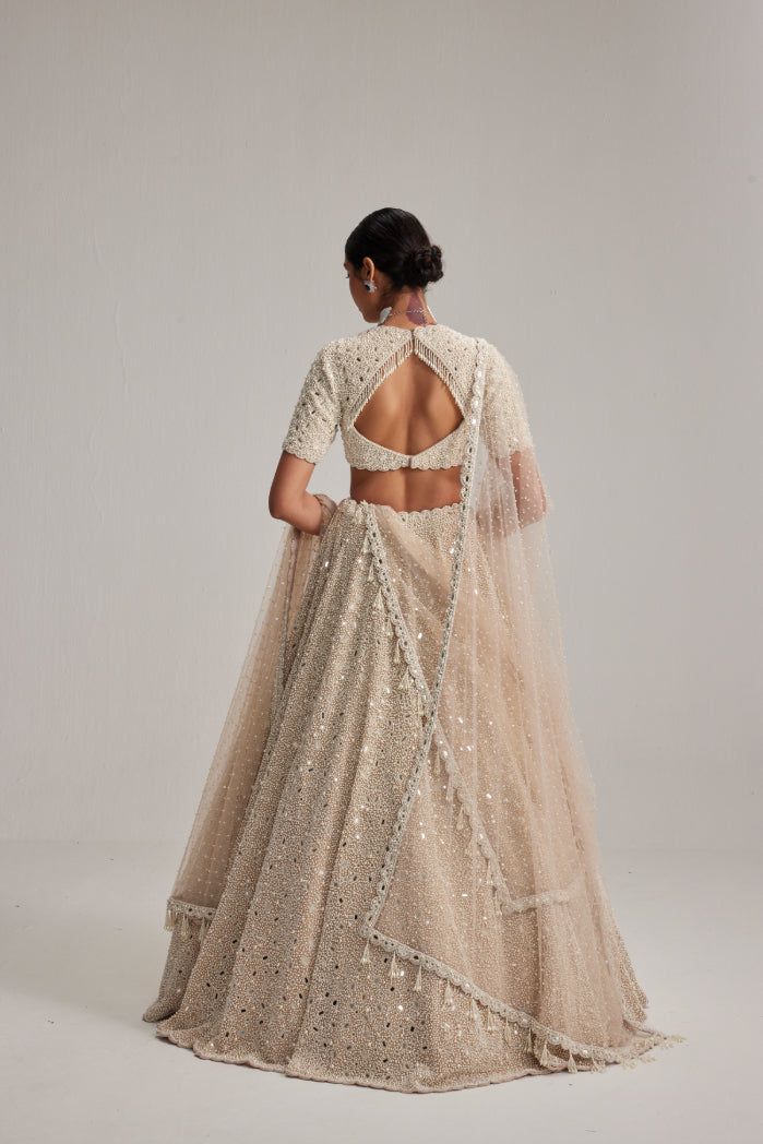 Light Beige Dense Pearl and mirror Lehenga Set with High Neck Blouse, Double Dupatta and Veil