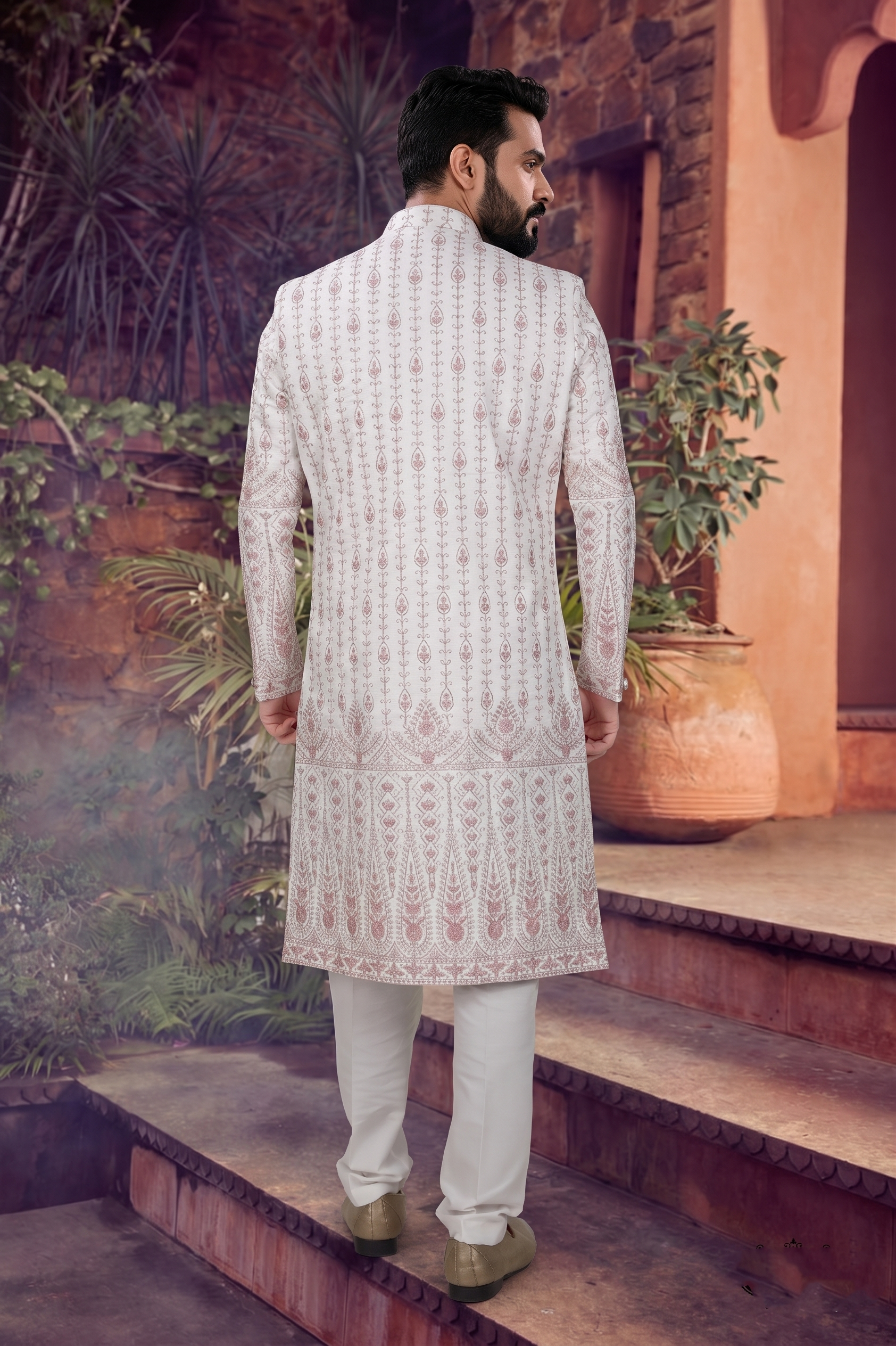 Men's SILK OFF WHITE BASE (GOLD AND PINK   EMBROIDARY)  SHERWANI