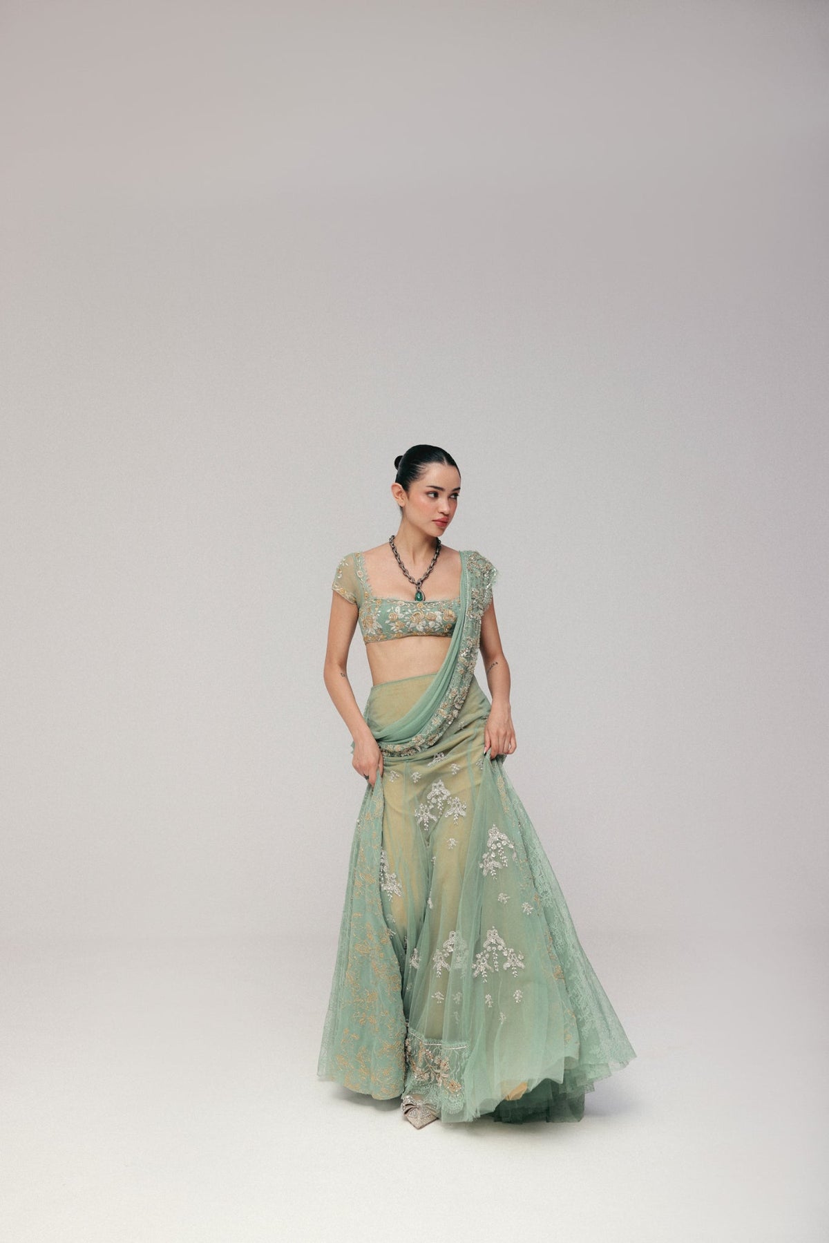 Zardosi & Crystal Embroidery, Soft Tulle & Pure Georgette with Lace, Pre-Stitched Saree Set, Blouse Silhouette
