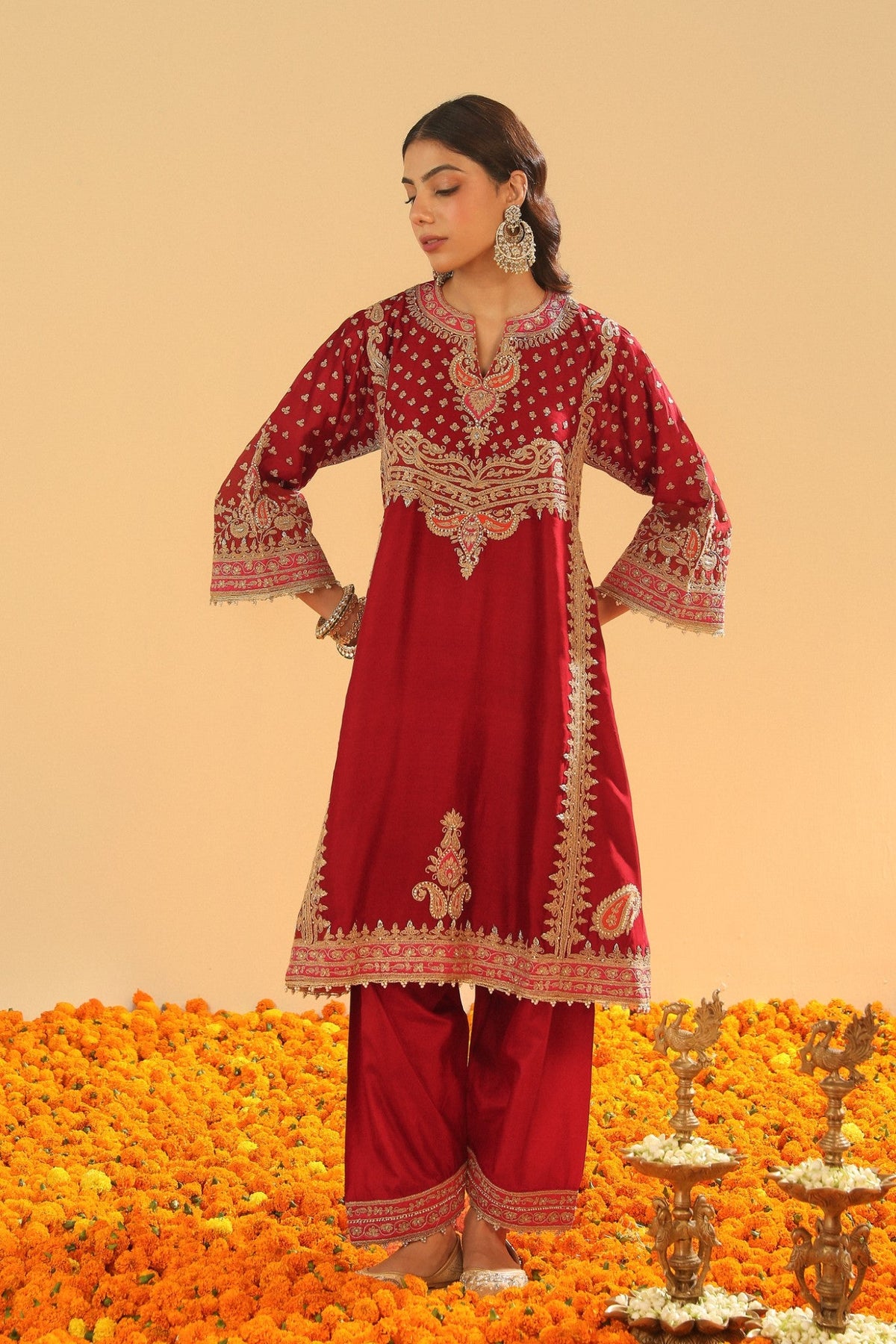 Shahzain - Deep Red Knee Length Kalidaar Chauga with Salwar and Khada Dupatta
