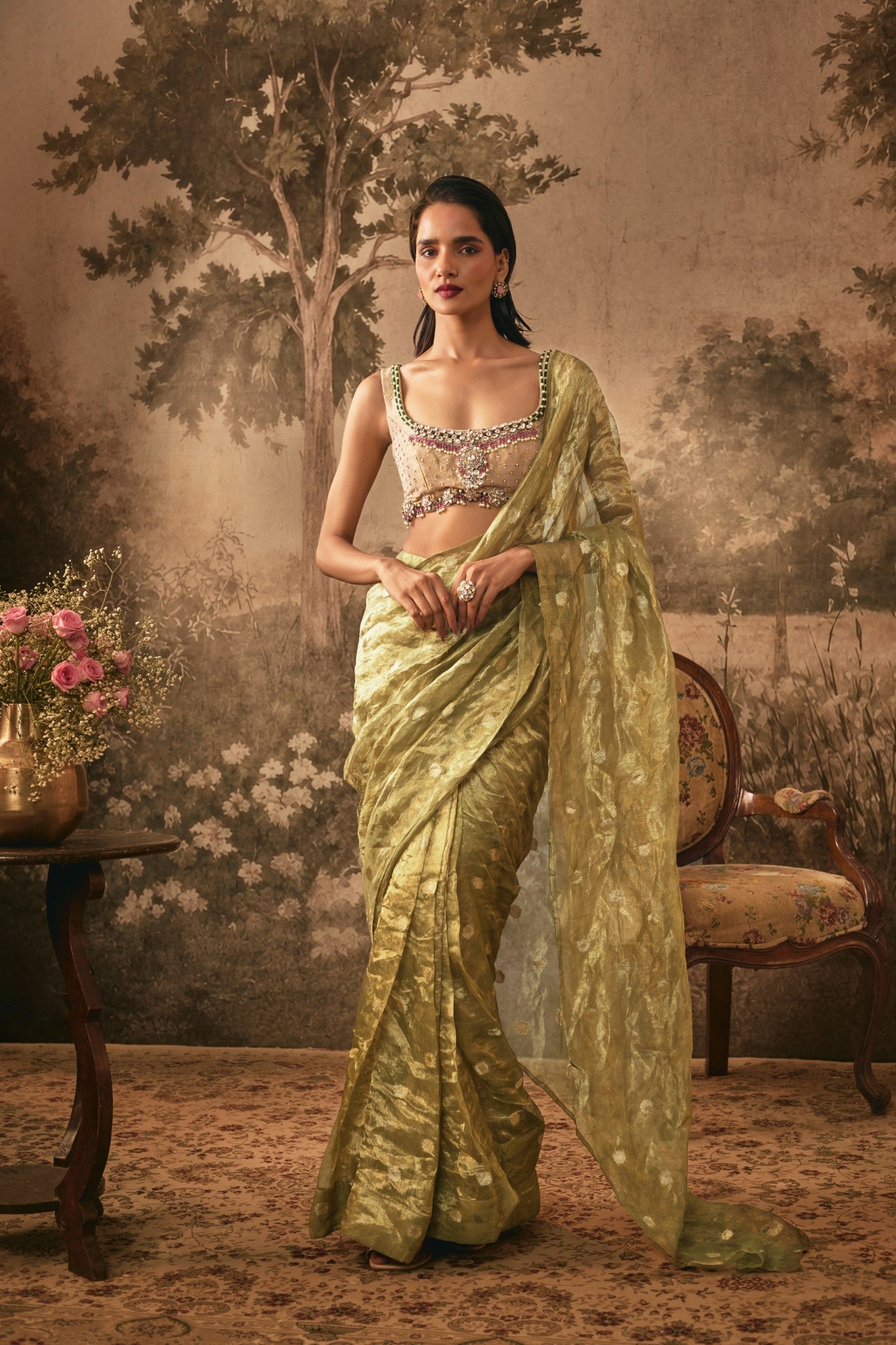 METALIC OLIVE TISSUE SILK PRE-DRAPED SAREE WITH EMBELLISHED BLOUSE