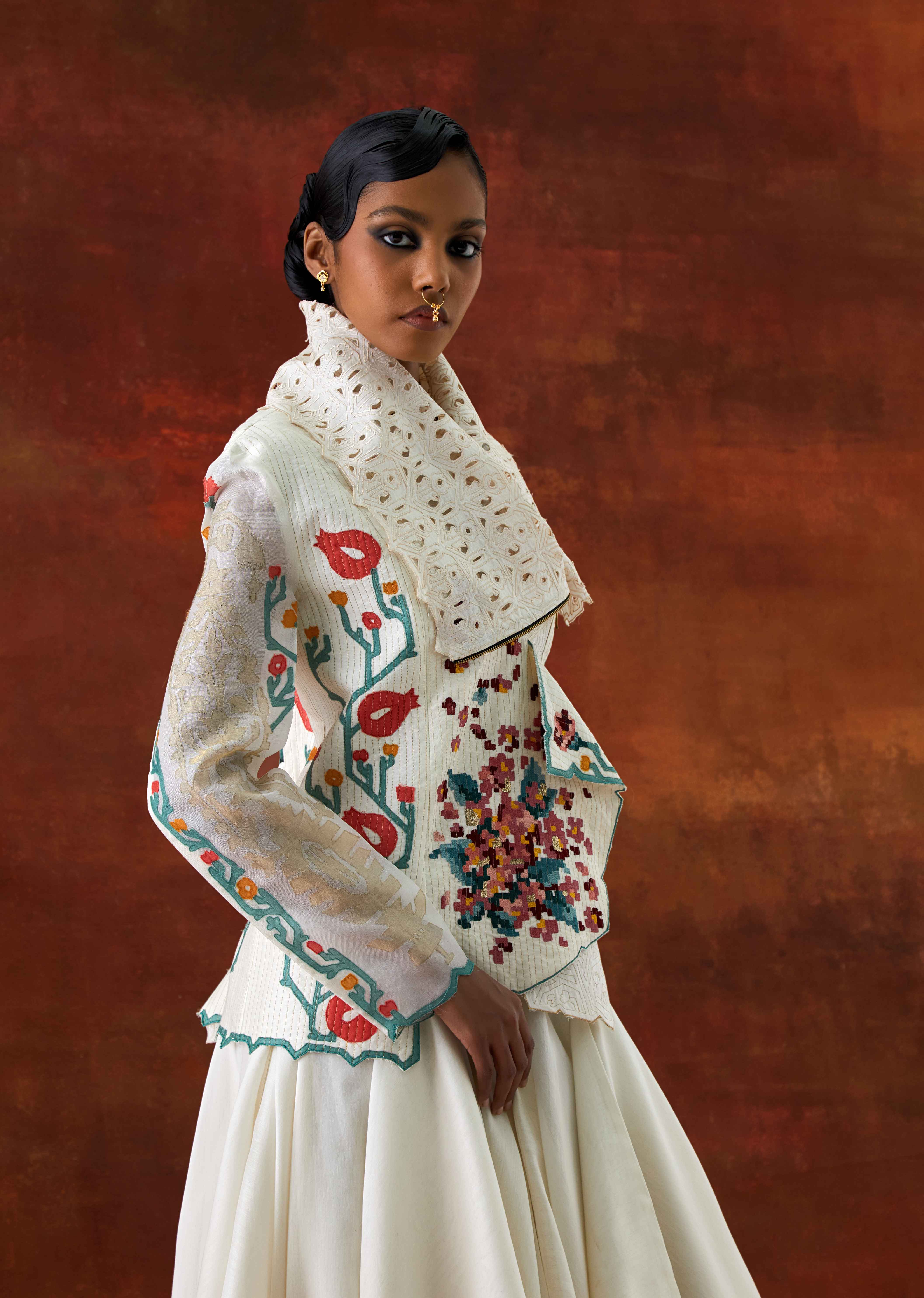 EMB DRAPED COLLAR JACKET WITH DRAPED SKIRT - image 5