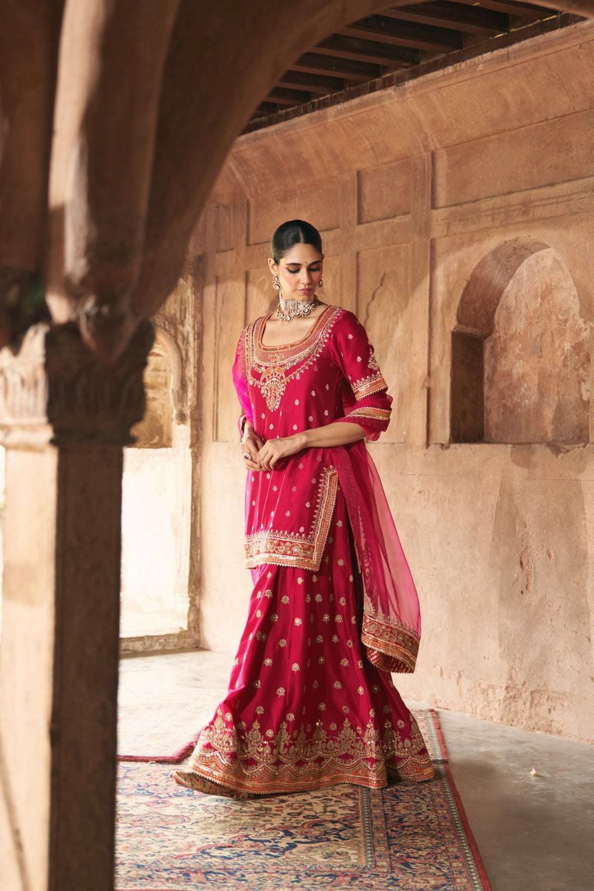 Hot Pink Pure Banarasi Short Kurta with Sharara & Dupatta