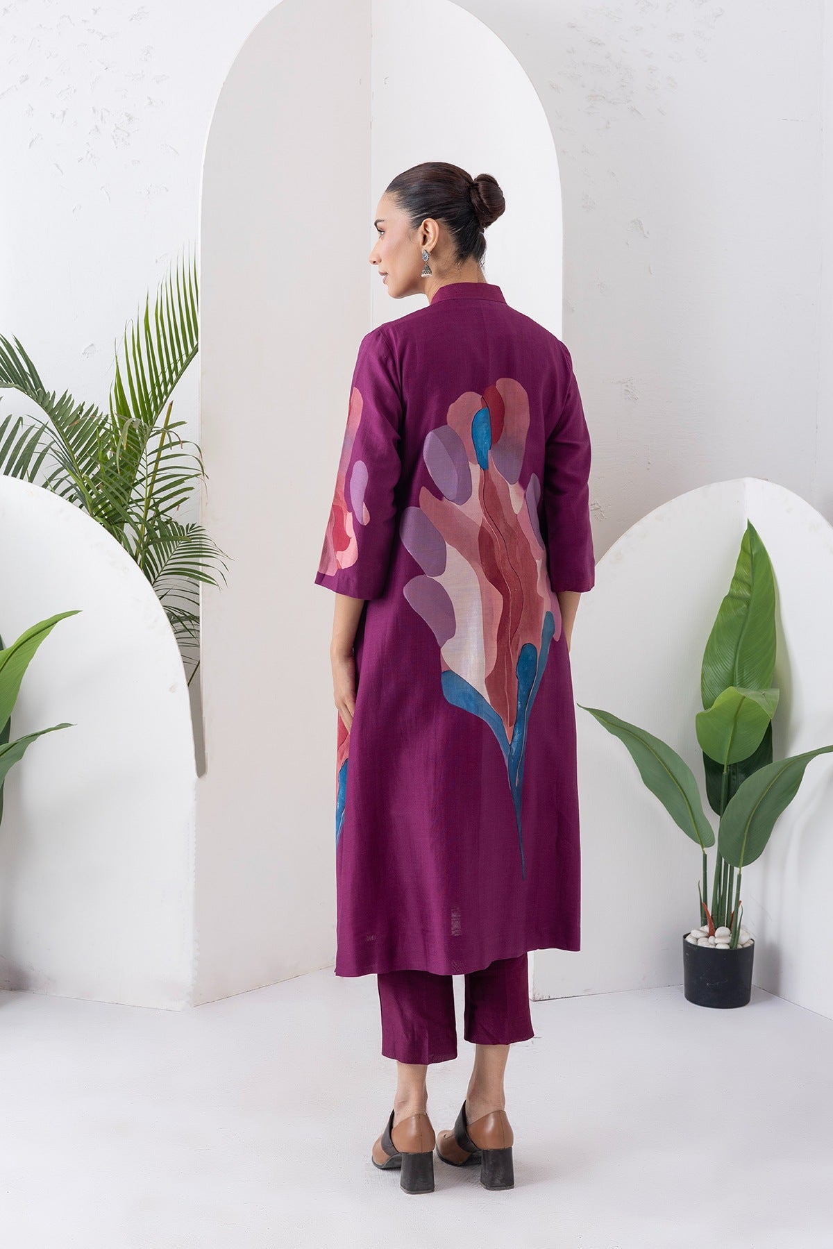 Wine Silk Chanderi Printed Dress Set (3 PCS)