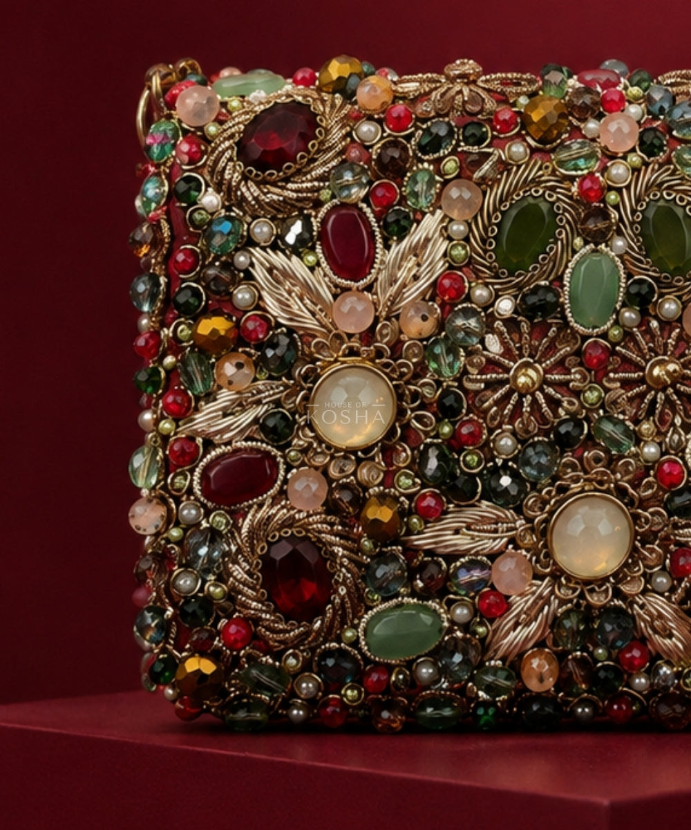 Noorani Multicolor Suede Embellished Clutch