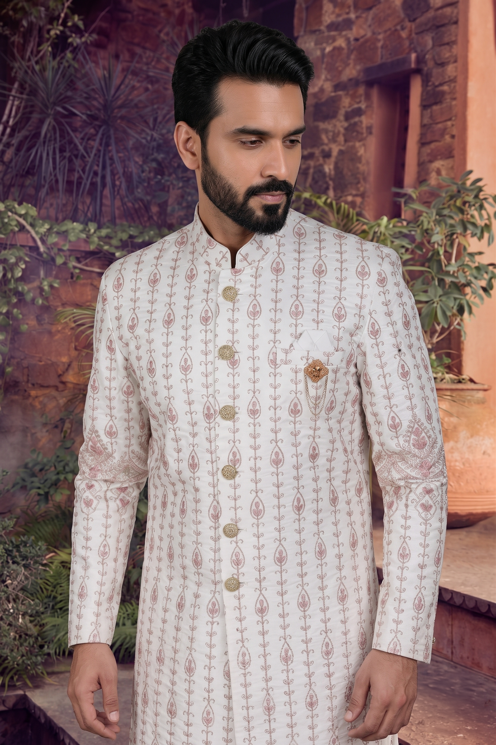 Men's SILK OFF WHITE BASE (GOLD AND PINK   EMBROIDARY)  SHERWANI