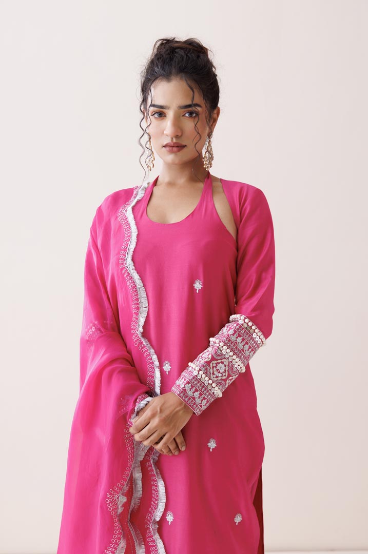 Hot pink chanderi halter neck kurta set