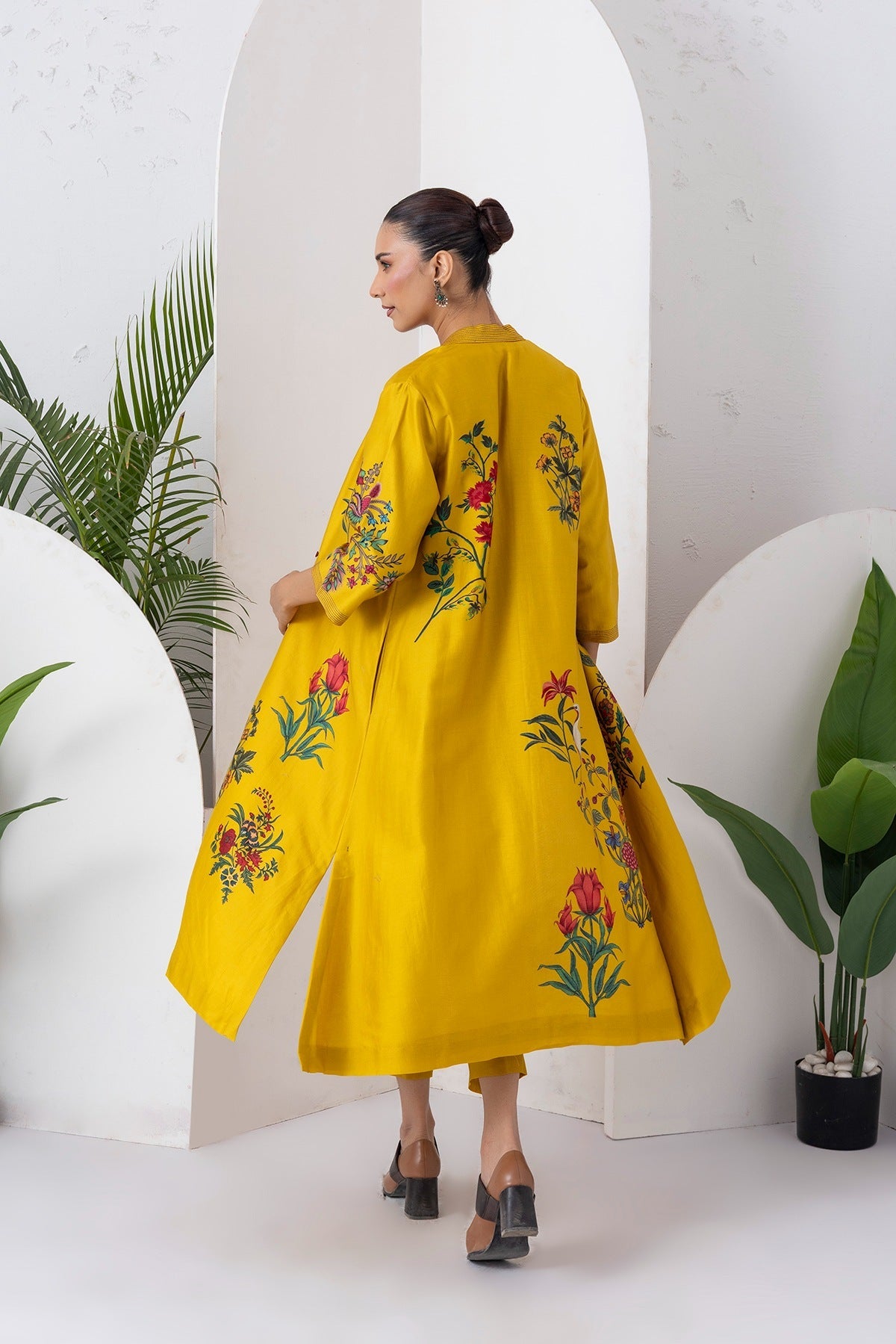 Yellow Silk Chanderi Floral Printed Front Open Dress Set (3 PCS)