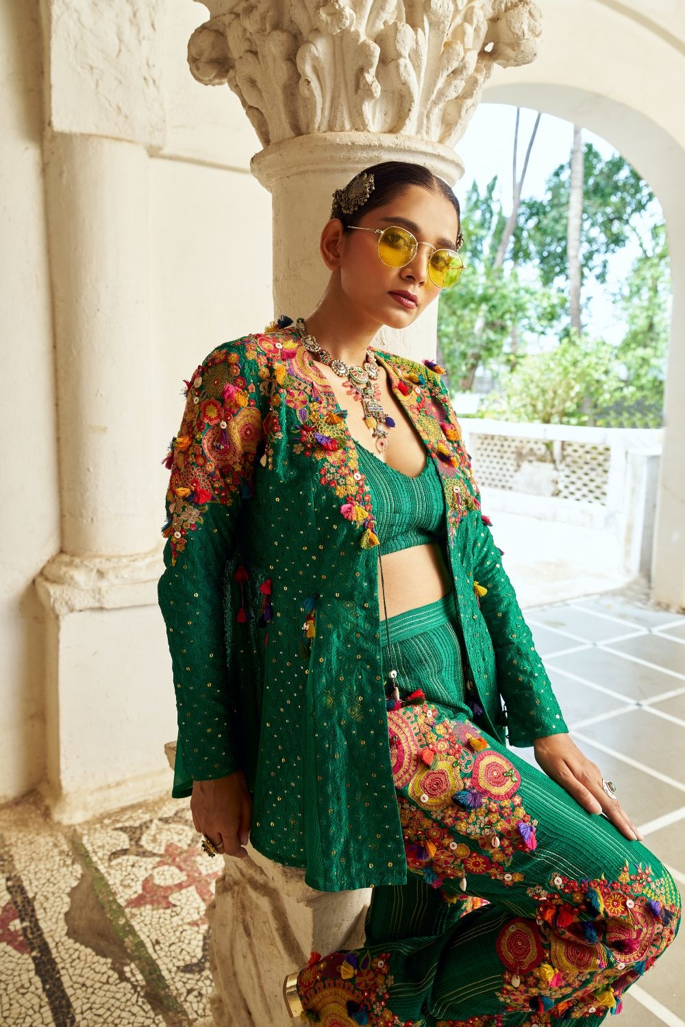 Dark Green silk Indo Western with multicolour threadwork