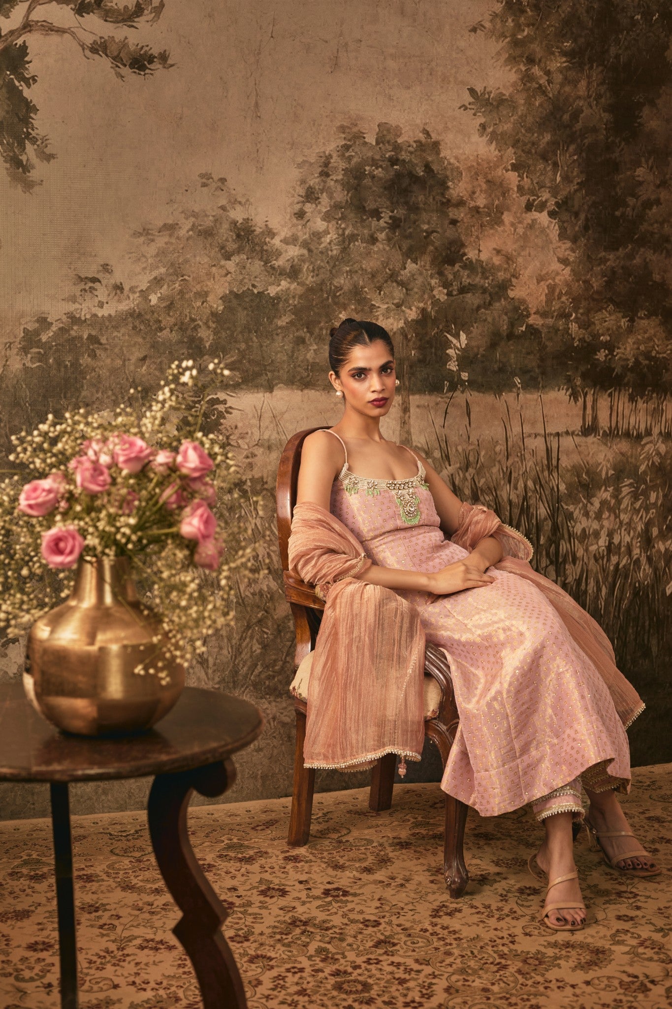 BLUSH PINK TISSUE ANARKALI SET