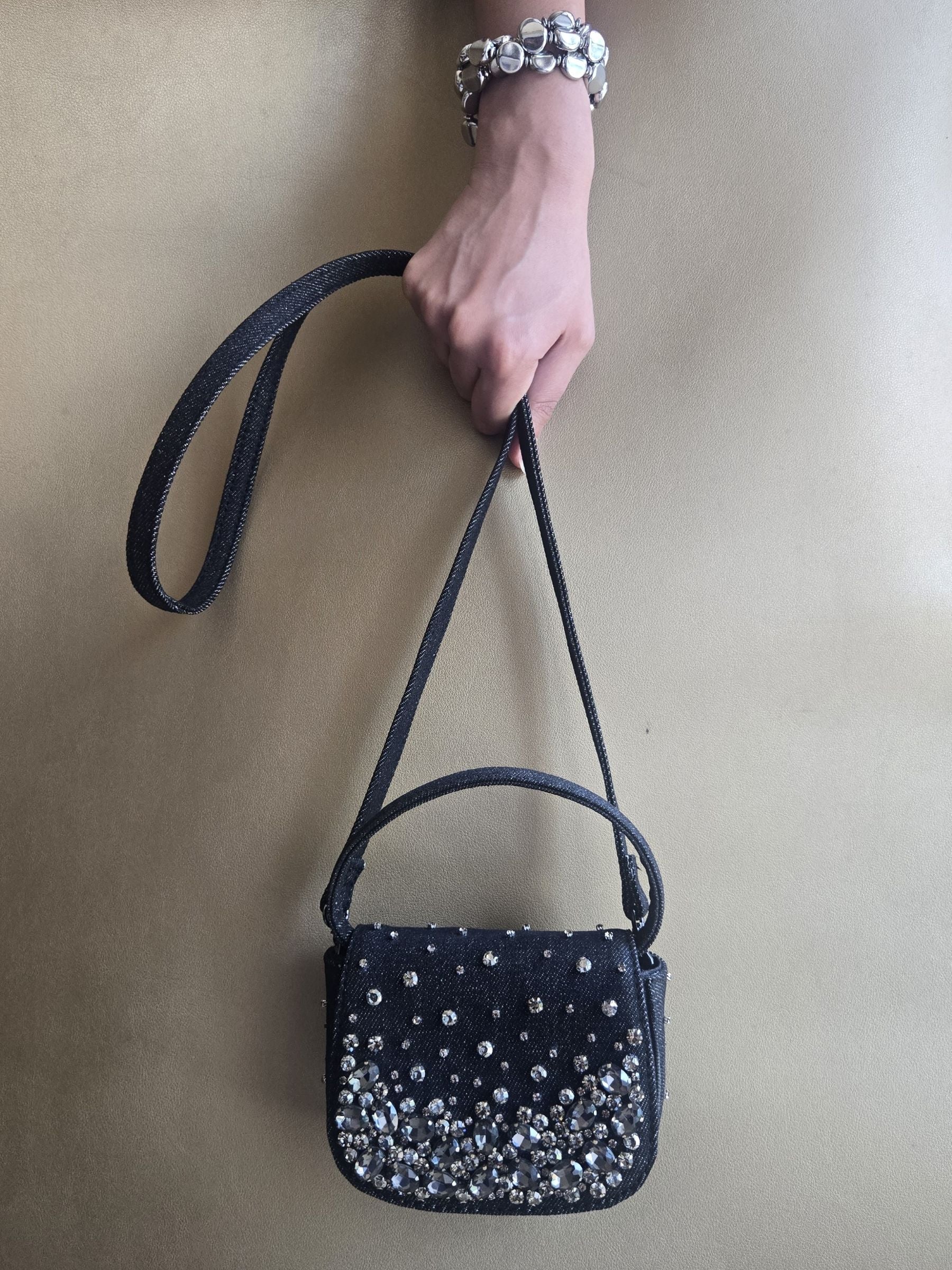 Black Crystal Denim Bag