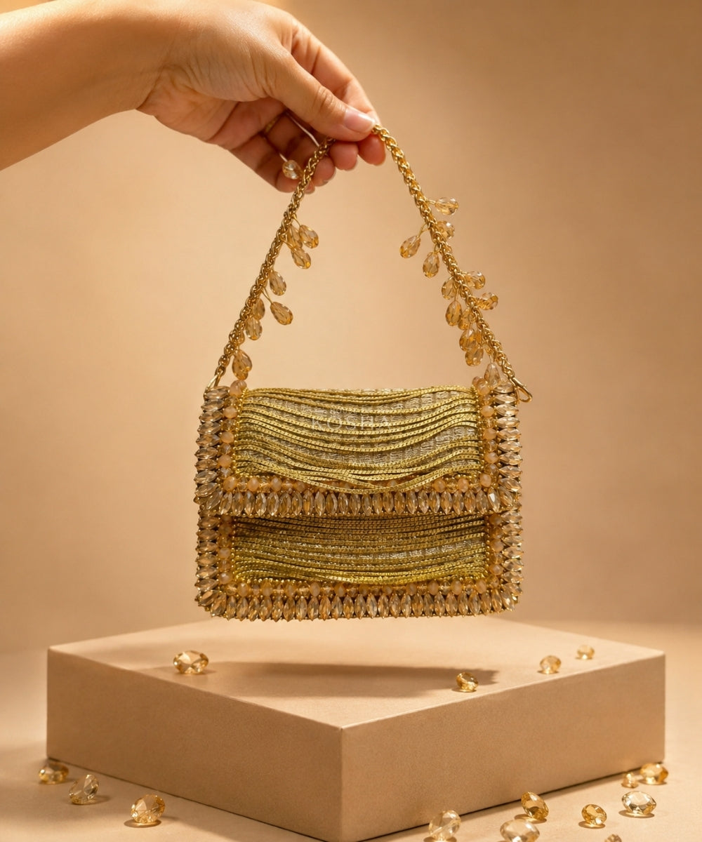 Elif Gold Georgette Embellished Mini Bag