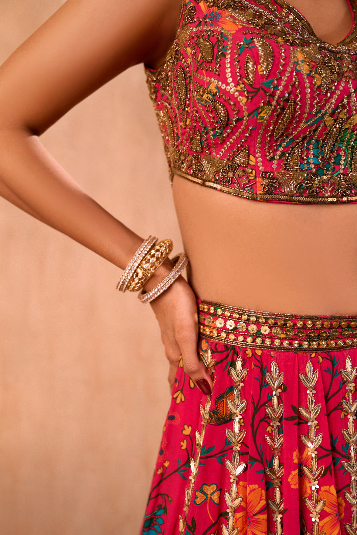 PINK PRINT EMBROIDERED CHOLI, LEHENGA AND DUPATTA SET - image 5