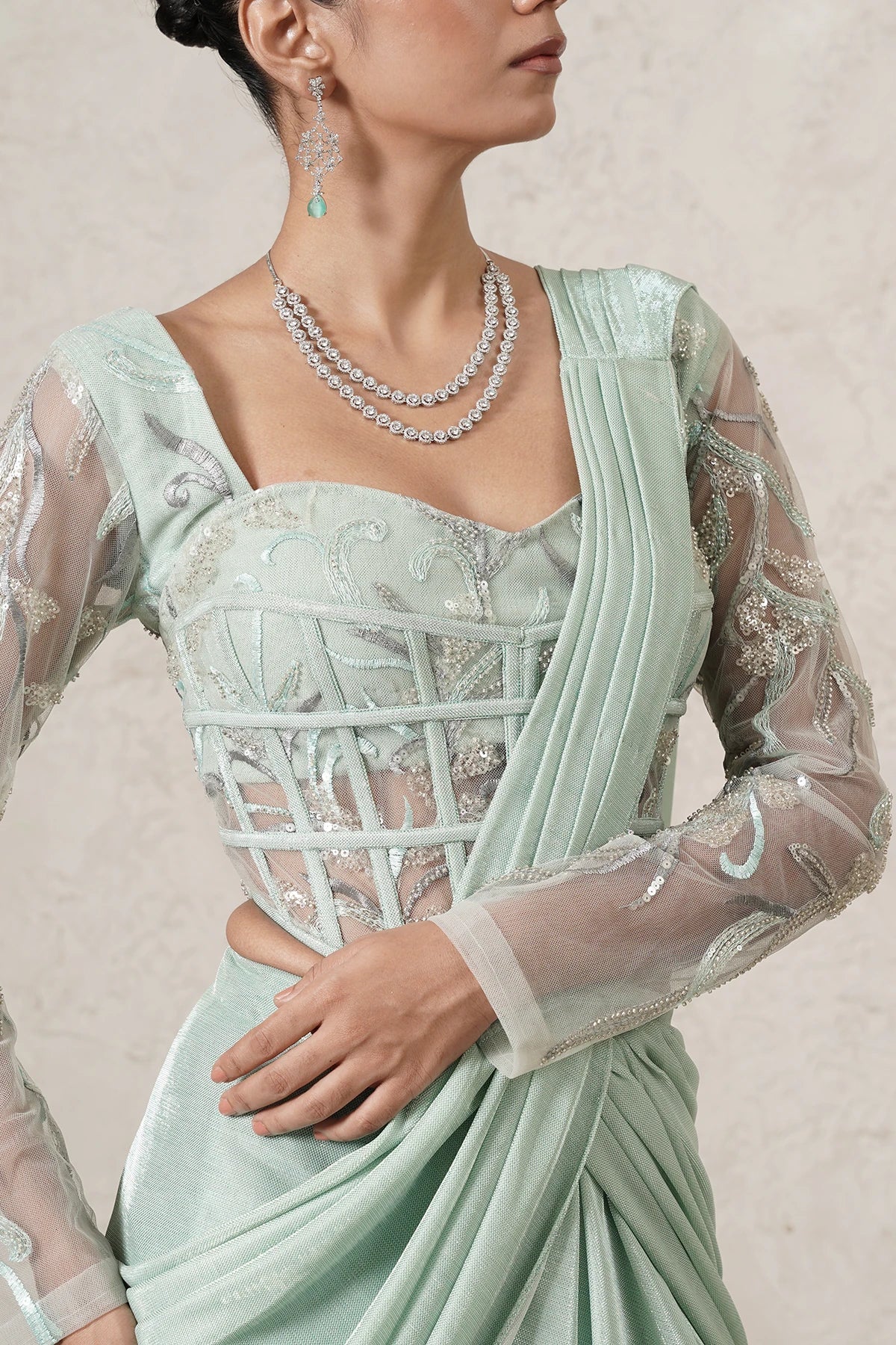 Jharokha Pre-Draped Saree with Hand-Embroidered Corset Blouse | Mint Green |  Women | THETAA