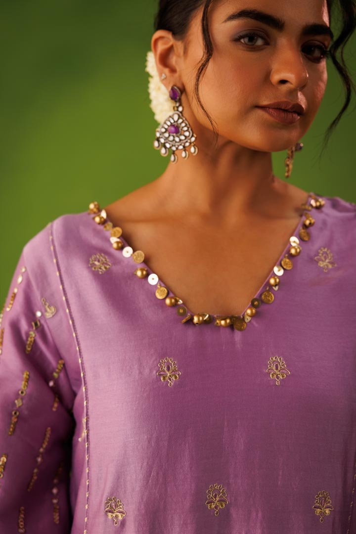 Purple A- line mirror work farshi salwar  set