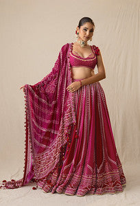 Fuchsia pink printed bandhej lehenga set