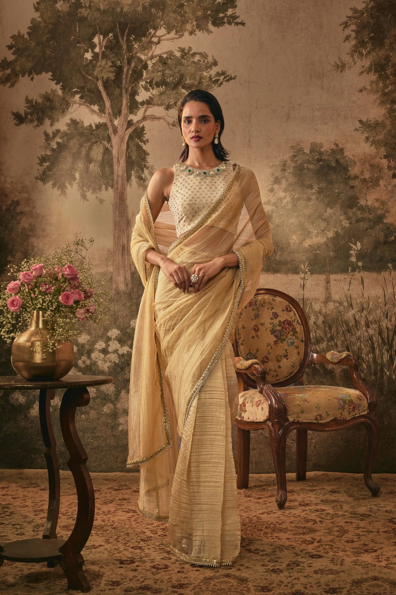 Champagne Gold Metallic pre-pleated Tissue Saree Set