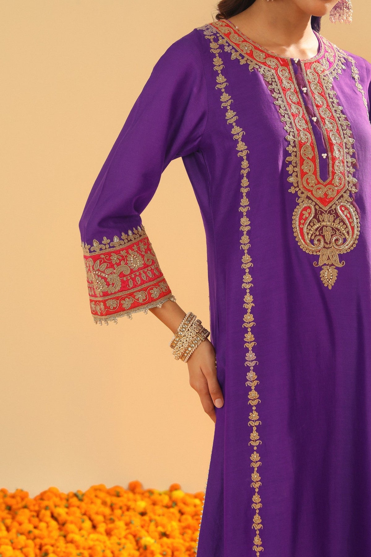 Maisha - Deep Purple Long A-line Kurta with Palazzo and Dupatta