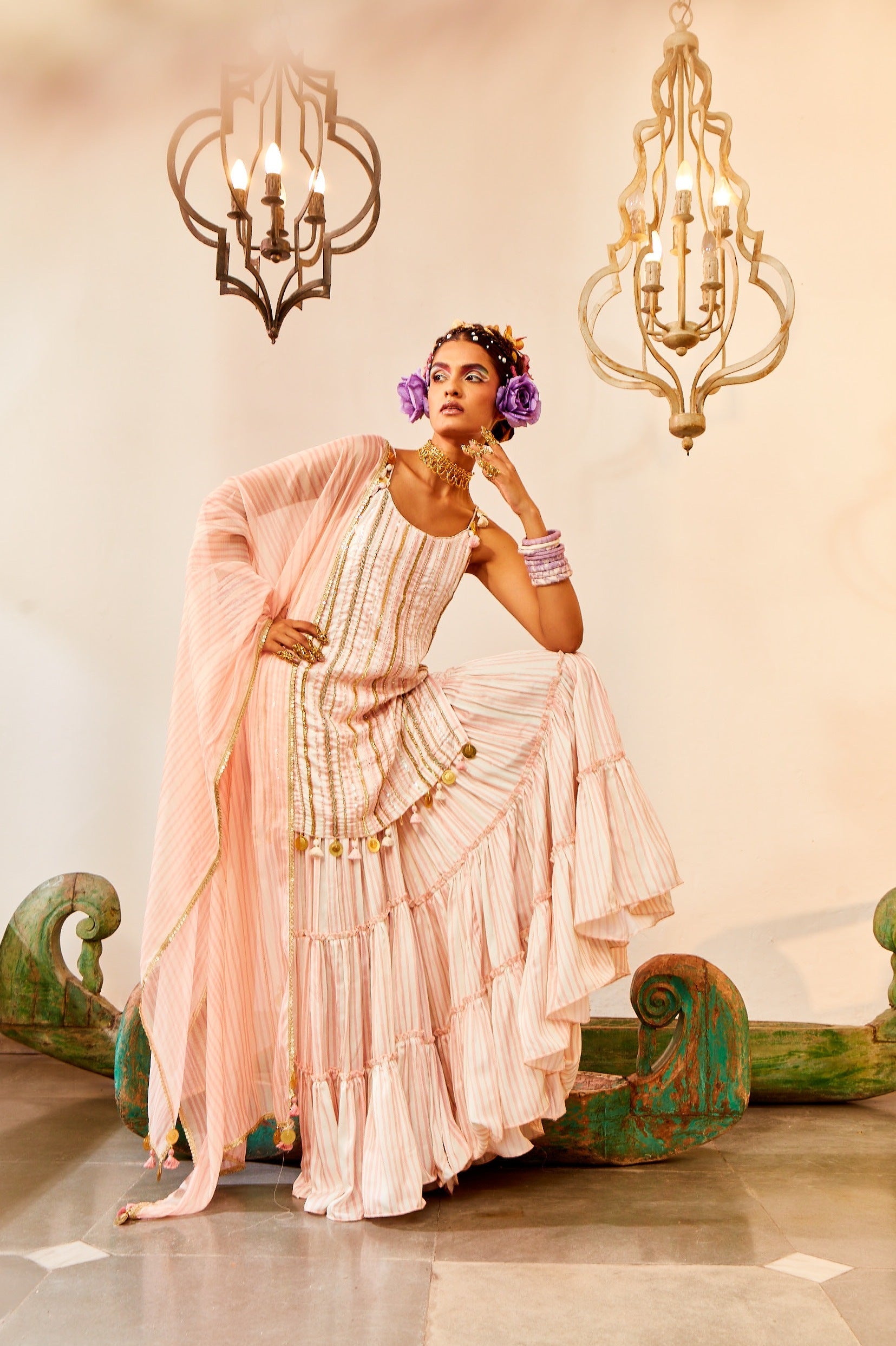 Ivory & Coral Pink Sharara Set