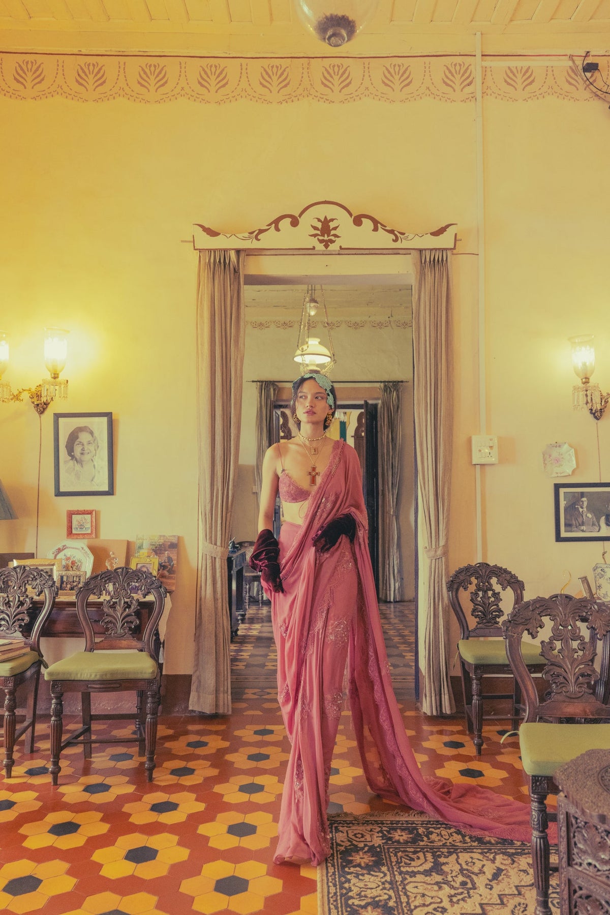 Vintage Rose, Zardosi & Bead Embroidery, Silk Georgette & Lace, Pre-Pleated Sari Set, Bralette Silhouette