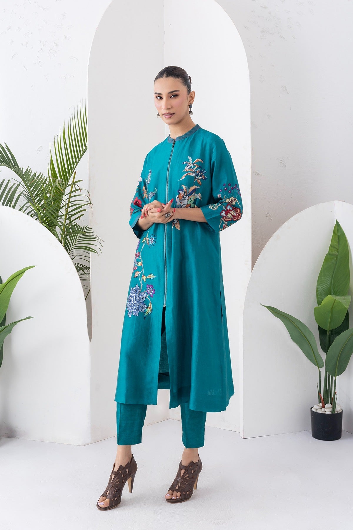 Emerald Silk Chanderi Floral Printed Front Open Dress Set (3 PCS)