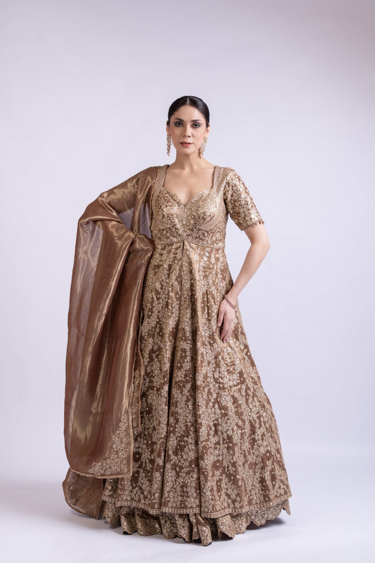 Regal Gold Embroidered Lehenga Set with Cape & Dupatta