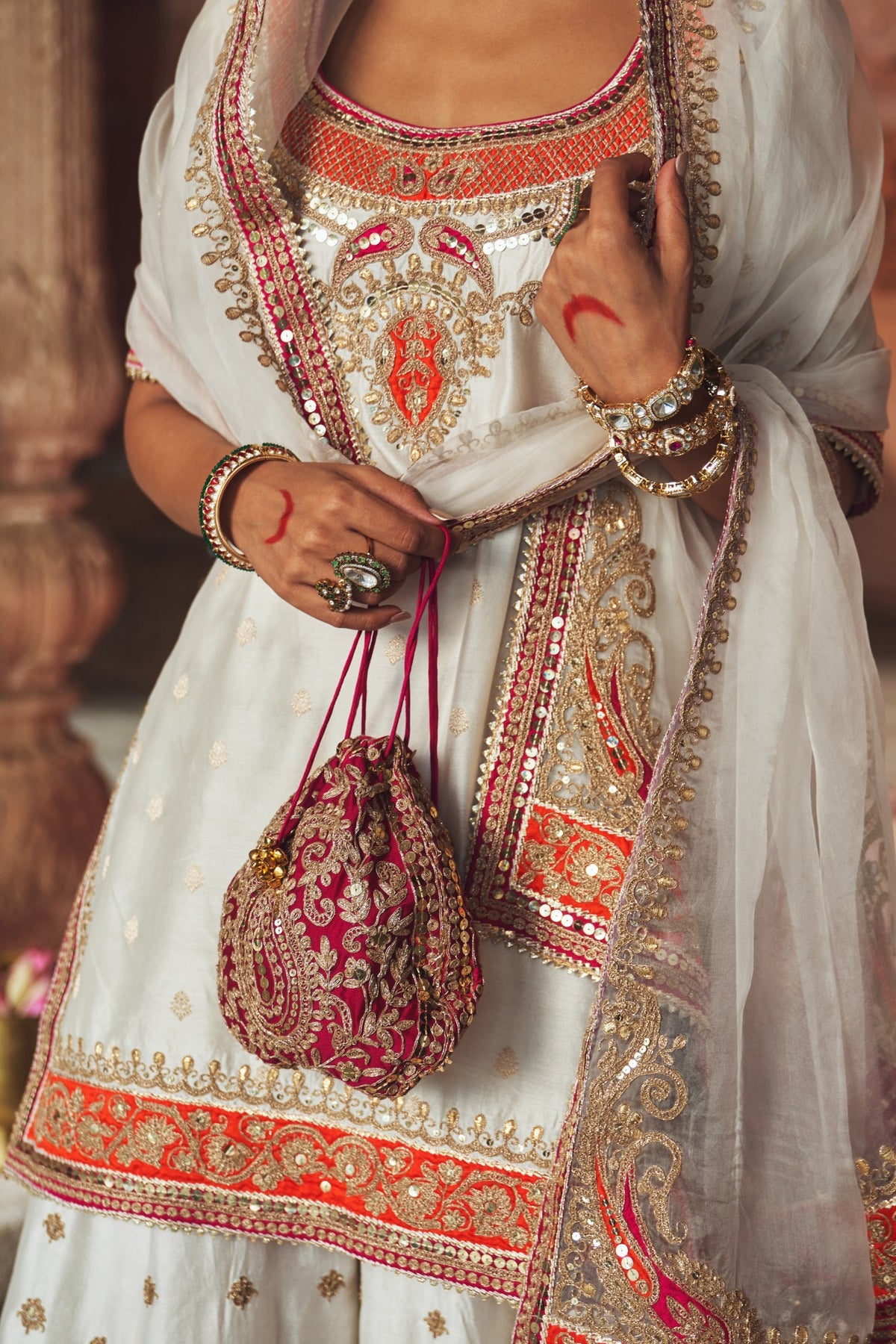 Ivory Banarasi Short Kurta Sharara Set with Organza Dupatta