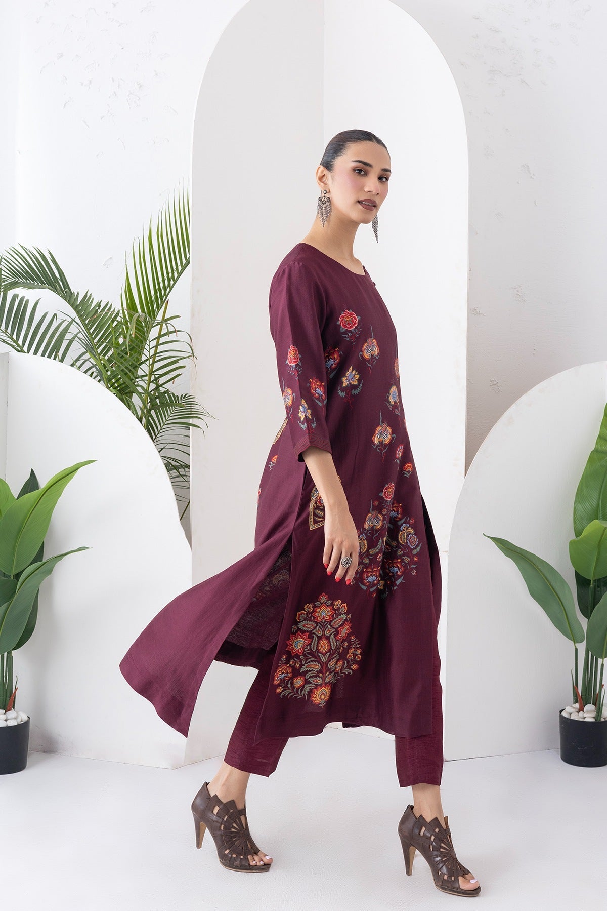 Chocolate Brown Silk Chanderi Printed Side Panel Dress Set (2 PCS)