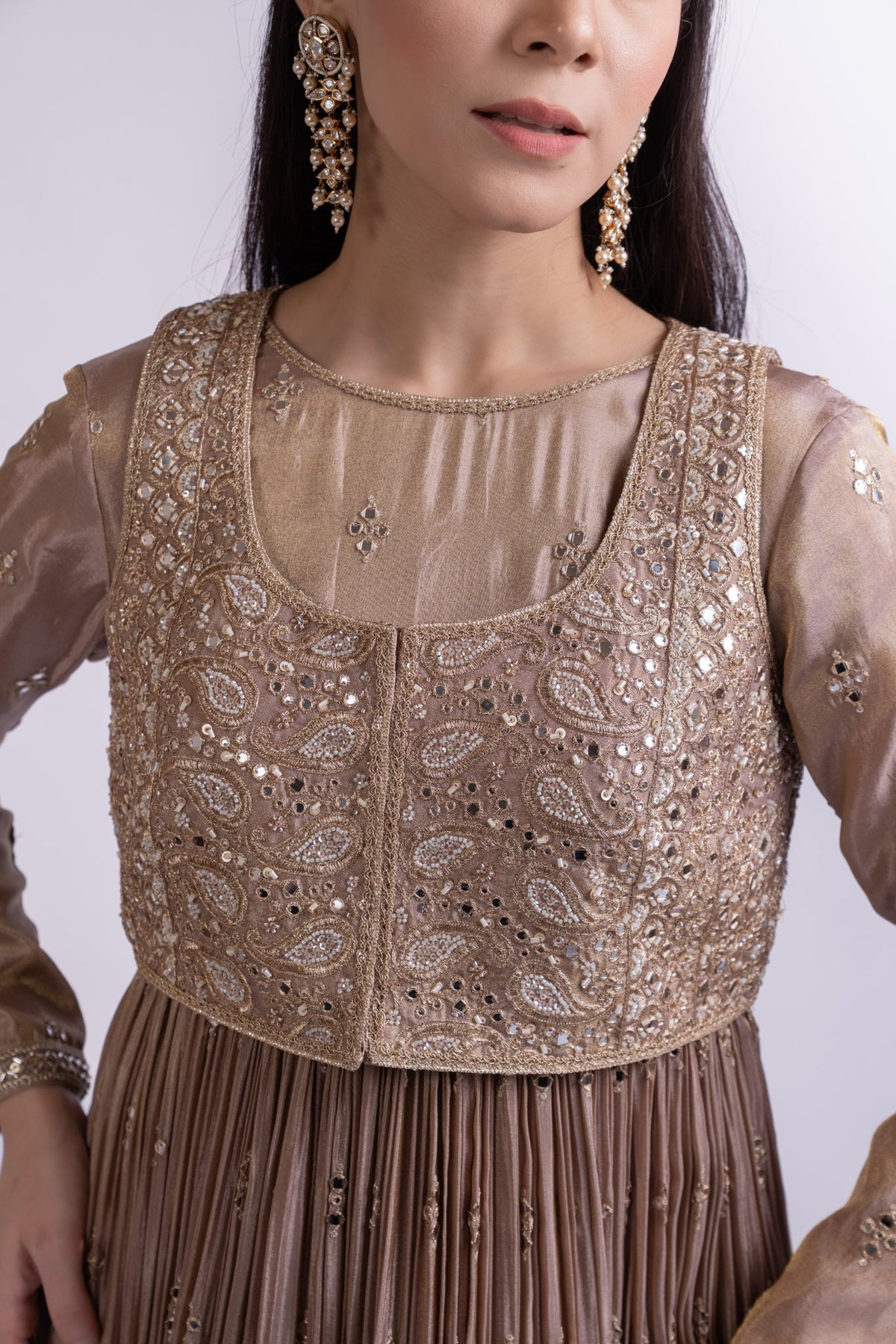 Mouse Brown Tissue Silk Short Anarkali with Embroidered Jacket