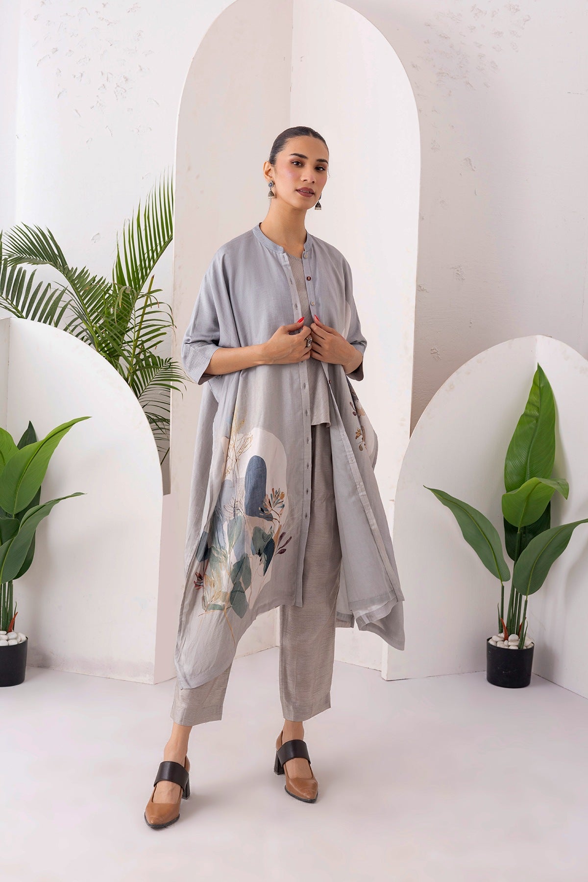 Grey Viscose Dupion Printed Kaftan Style Dress Set (3 PCS)