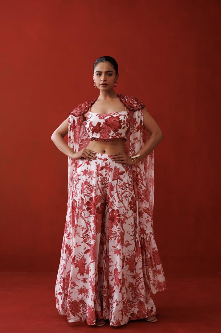 white & red printed shrug set
