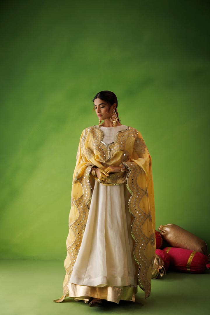 Beige tissue anarkali with yellow dupatta