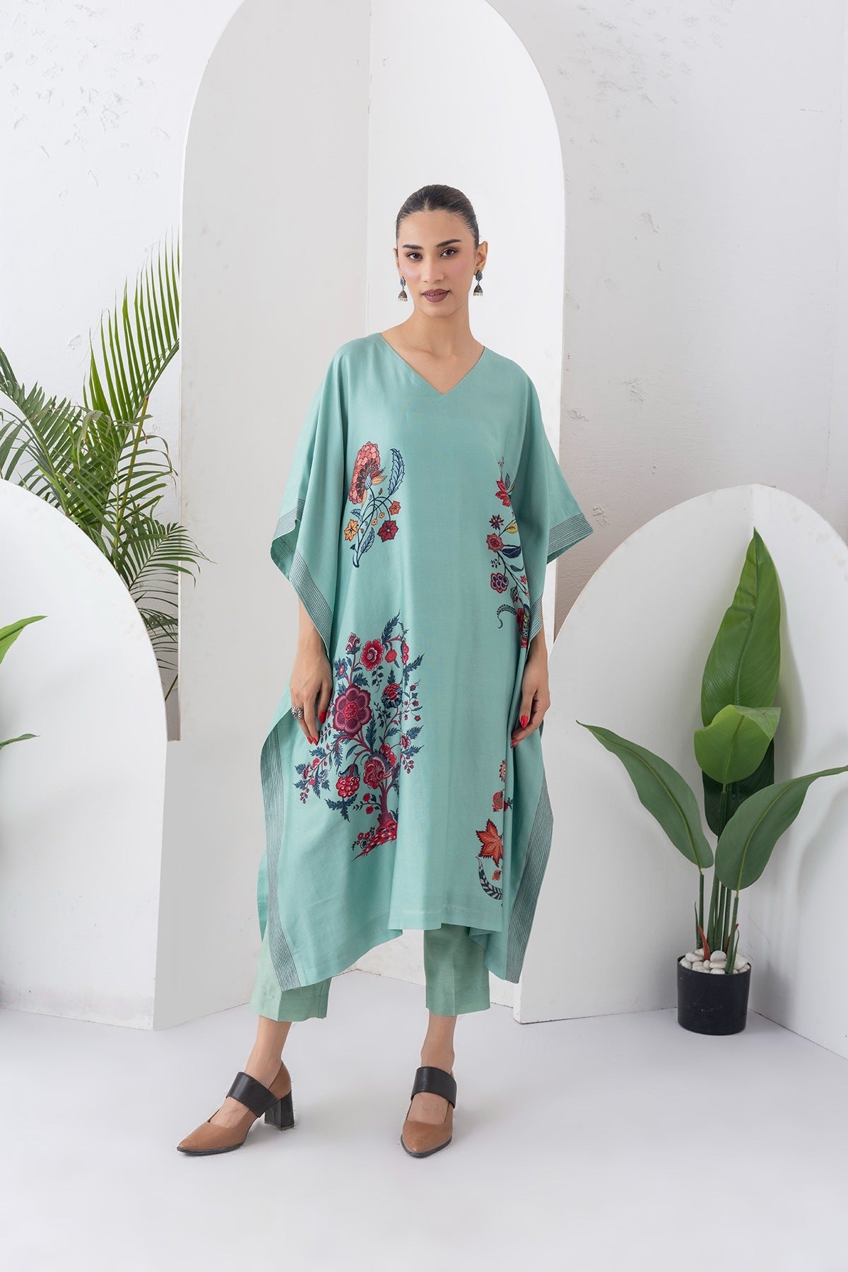 Mint Silk Chanderi Chintz Printed Kaftan Set (2 PCS)