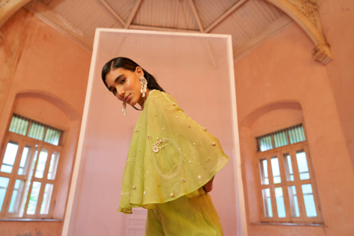 Luminescent Green Cape Ensemble