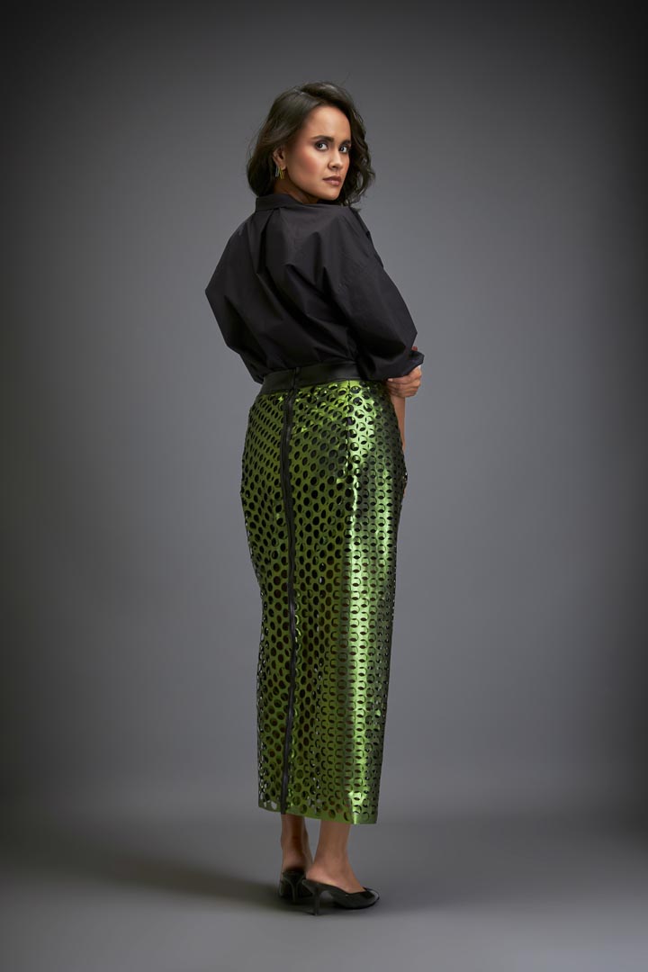 Metallic Skirt With Geometric Cutout Detailing
