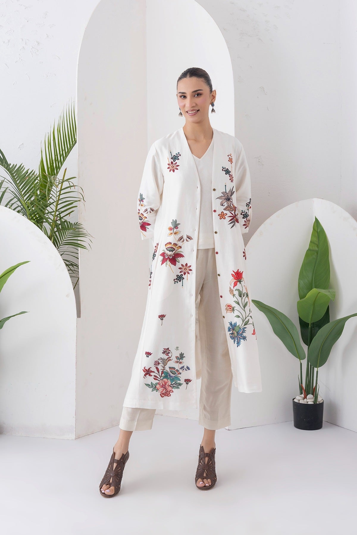 Ivory Silk Chanderi Printed High-Low Dress Set (3 PCS)