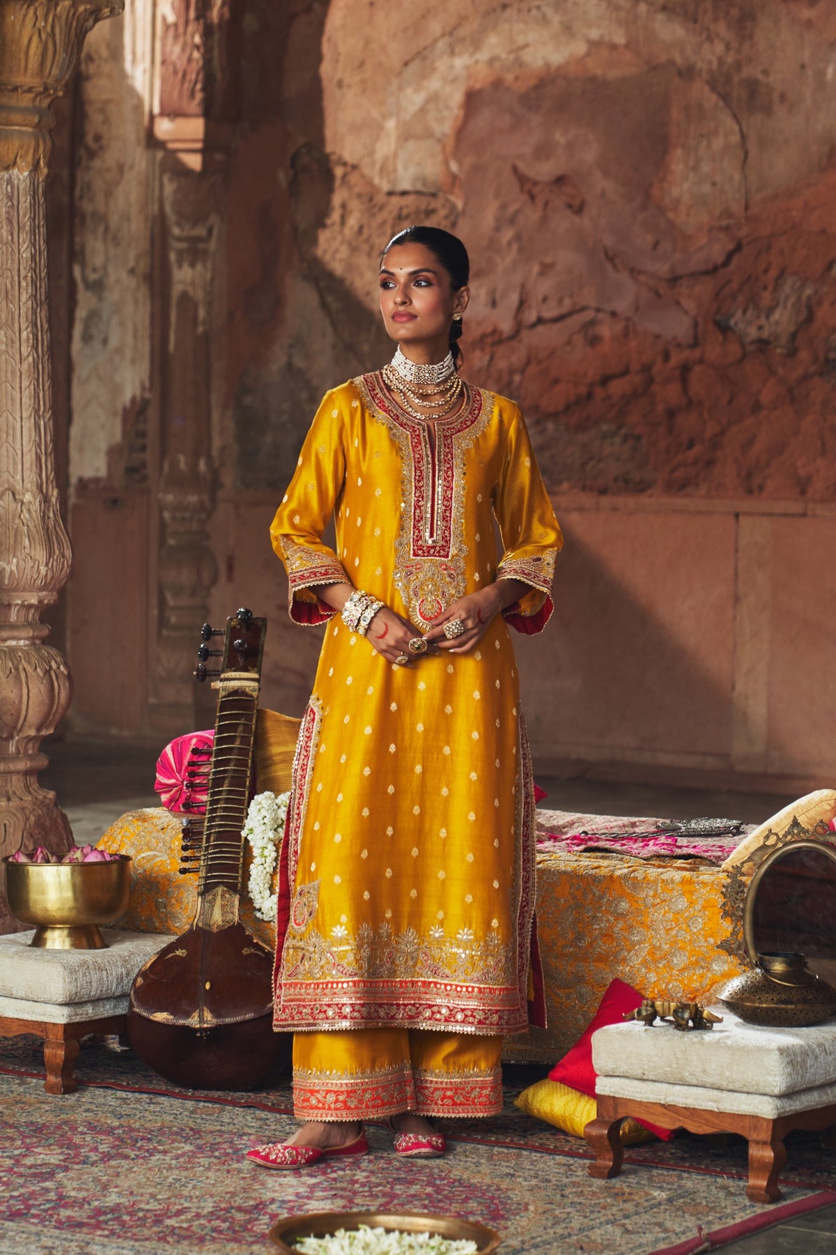 Mustard Long Kurta Set with Palazzo & Silk Organza Dupatta