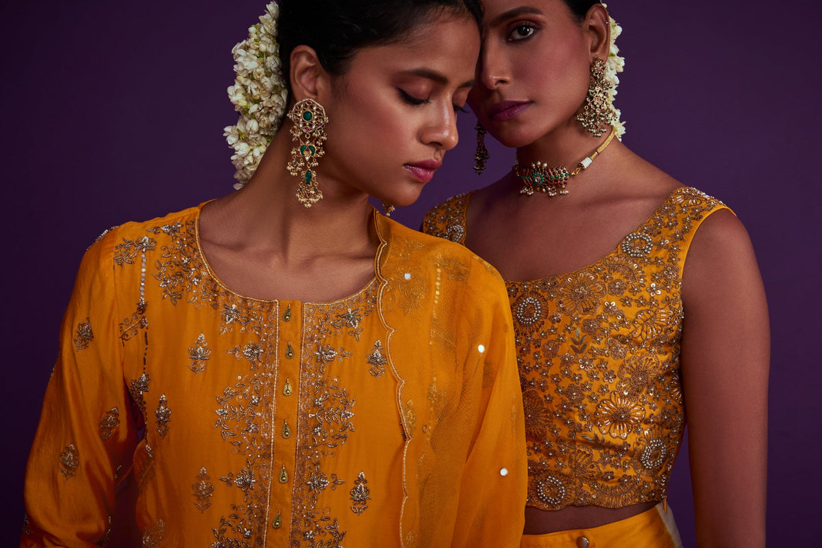 Bandhani Cape Set With Heavily Embroidered Crop Top