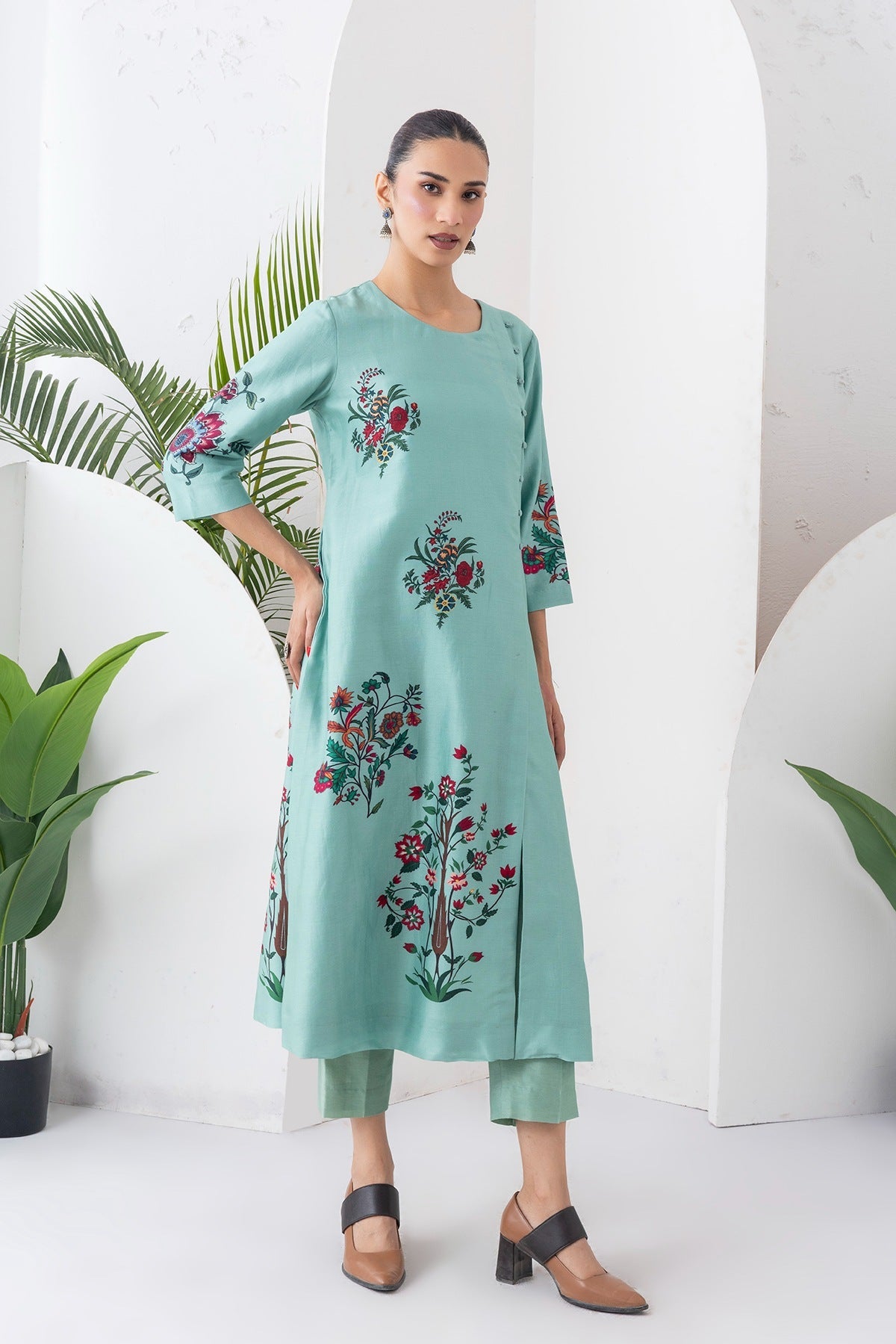 Mint Silk Chanderi Floral Boota Printed Dress Set (2 PCS)
