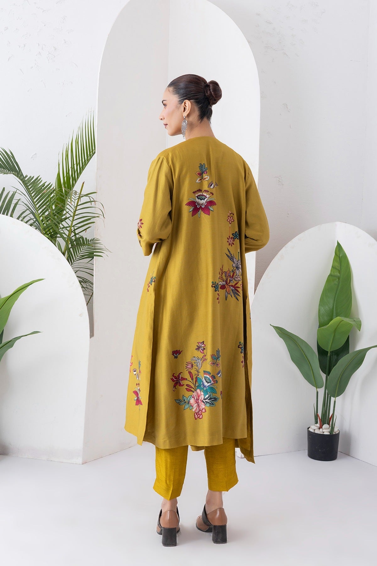 Mustard Silk Chanderi Printed High-Low Dress Set (3 PCS)