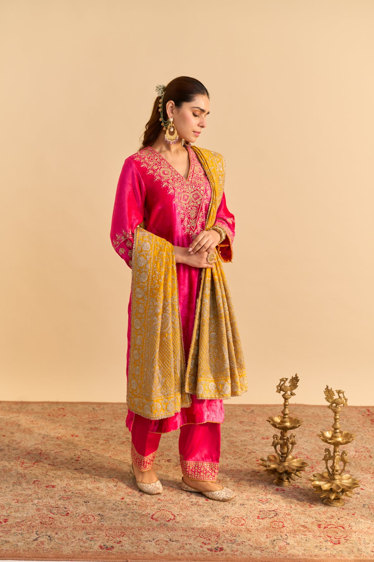 Hot Pink Velvet Kurta Set with Salwar and Tissue Silk Dupatta