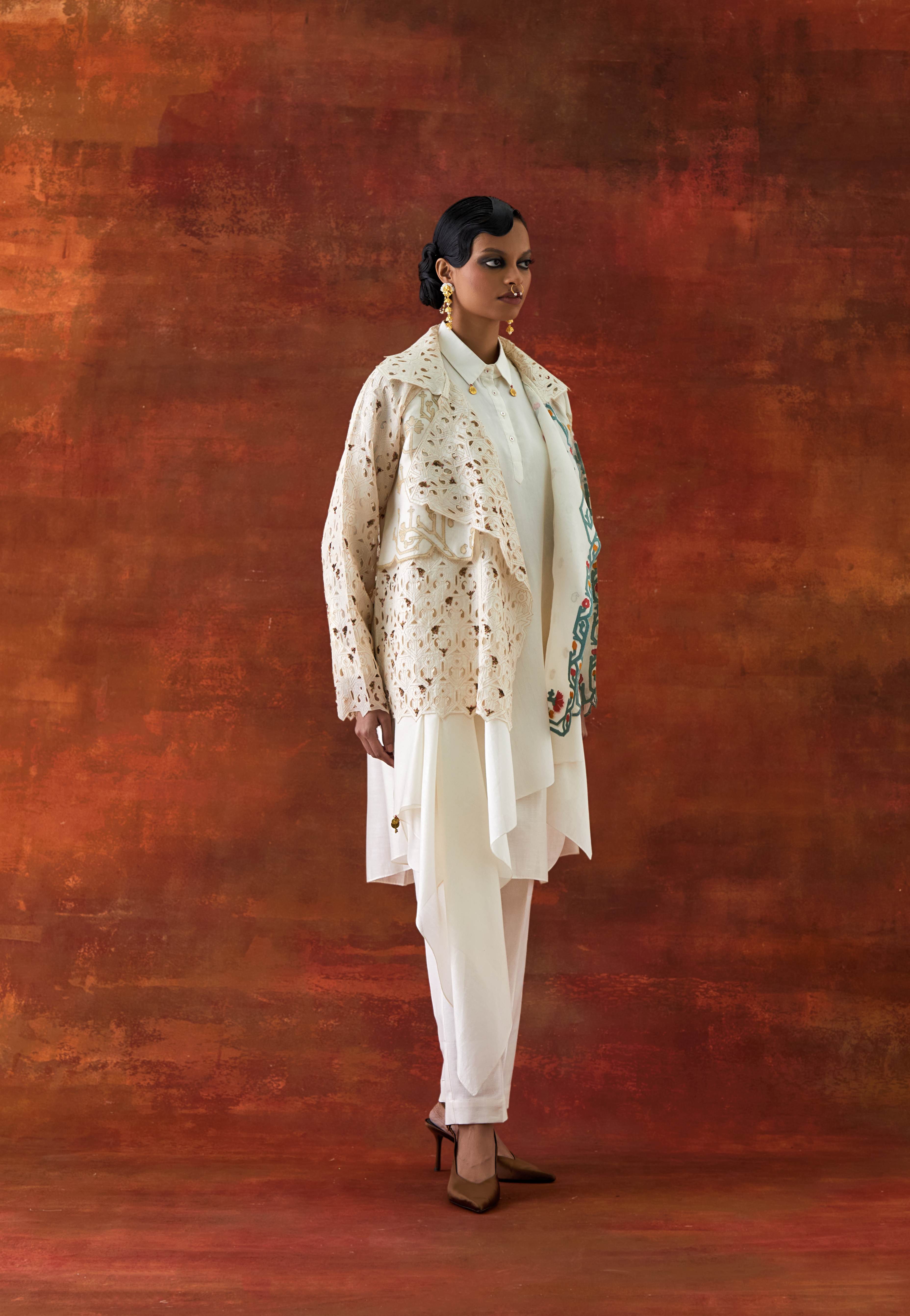 EMB ORGANZA SHORT TRENCH WITH DRAPED SHIRT AND PANTS - image 5