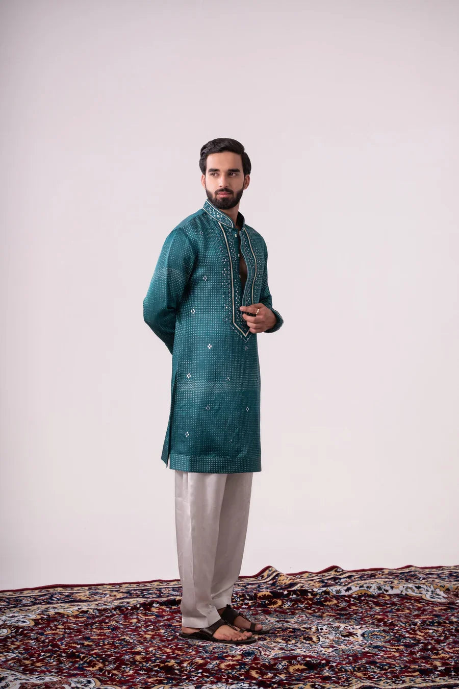 Teal Green Embroidered Linen Silk Kurta