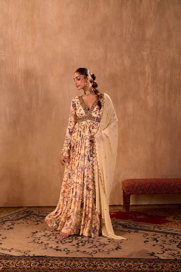 IVORY PRINT EMBROIDERED ANARKALI AND DUPATTA SET - image 5