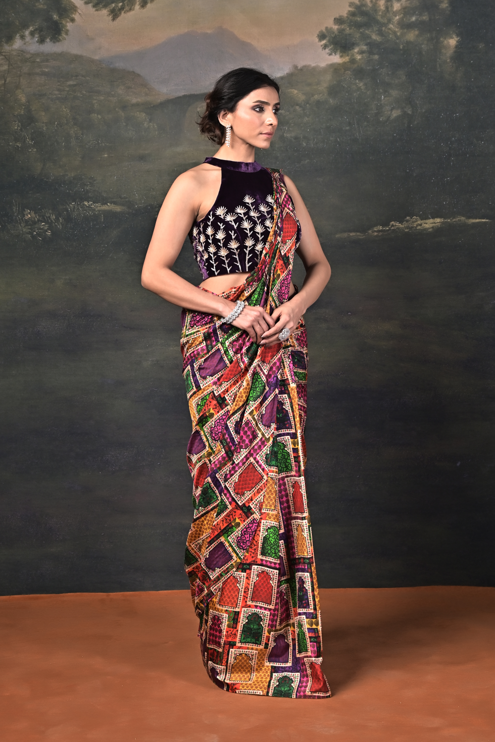 Hand-Embroidered Halter Neck Velvet Blouse with Pure Silk Jharokha Pre-Draped Saree