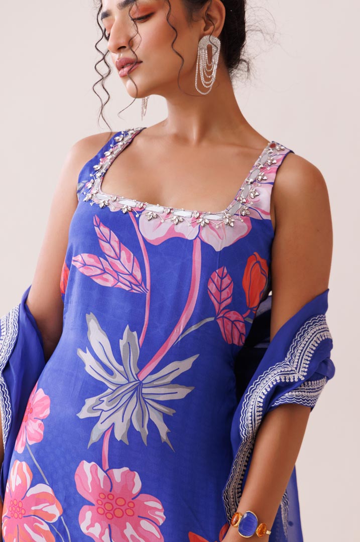 Blue square neck kurta set